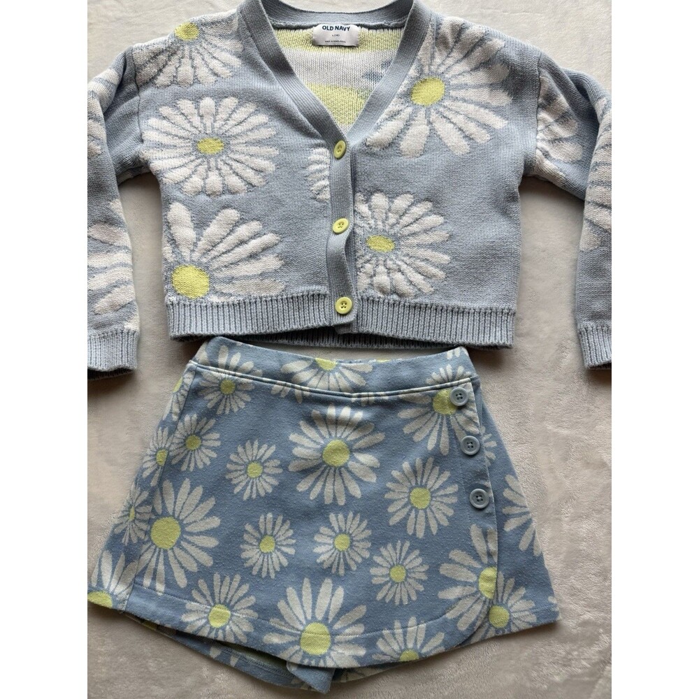 Old Navy Girls Daisy Cardigan Sweater L (10) & Skort M (8) Blue Floral 2 Pc Set
